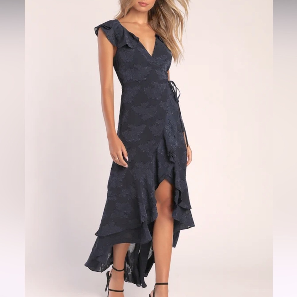 Lulu’s Adorable Aura in navy blue floral burnout high low wrap dress